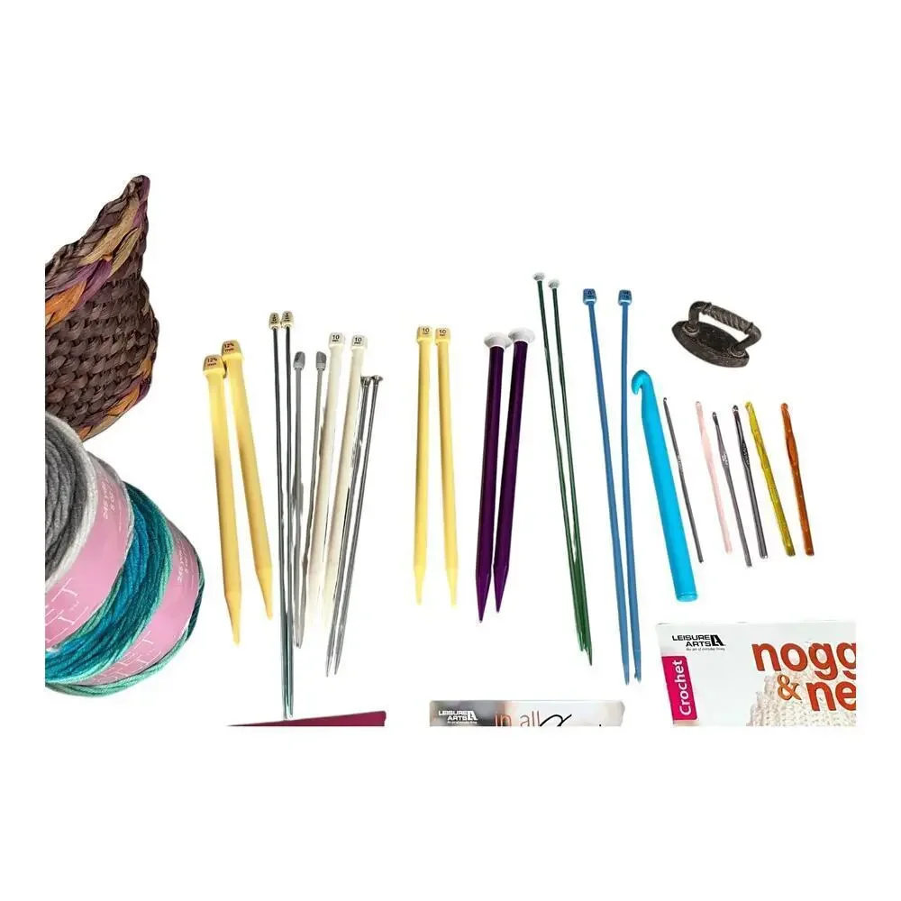 Complete Yarn & Crochet Bundle with Basket – Hooks, Needles, Books & Yarn Lot